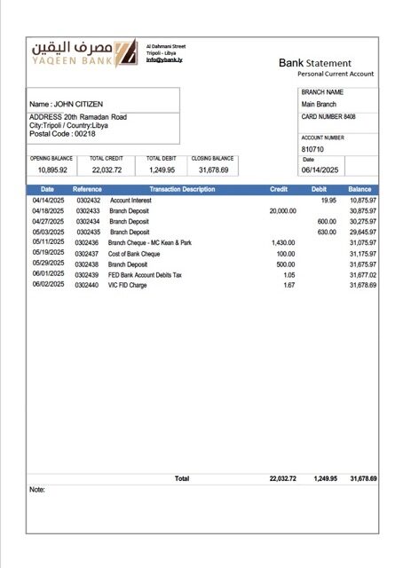 Libya Yaqeen Bank statement Word and PDF template