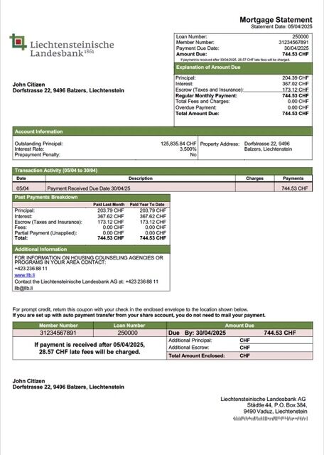 Liechtenstein Liechtensteinische Landesbank AG mortgage statement Word and PDF template