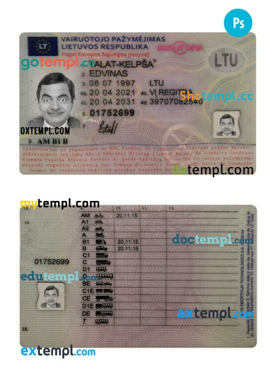 Lithuania driving license PSD editable template, 2021-present