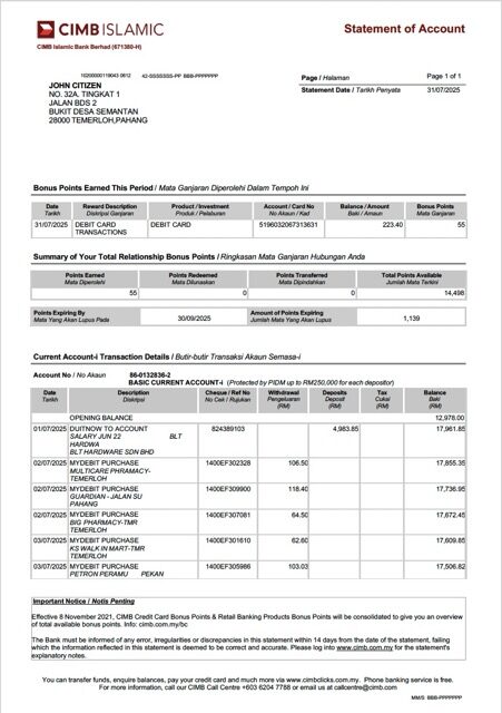 Malaysia CIMB Islamic Bank statement of account Word and PDF template