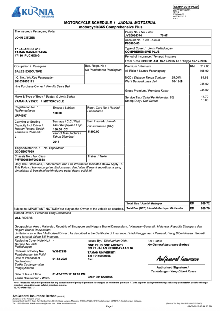 Malaysia Kurnia Insurance motorcycle schedule Word and PDF template