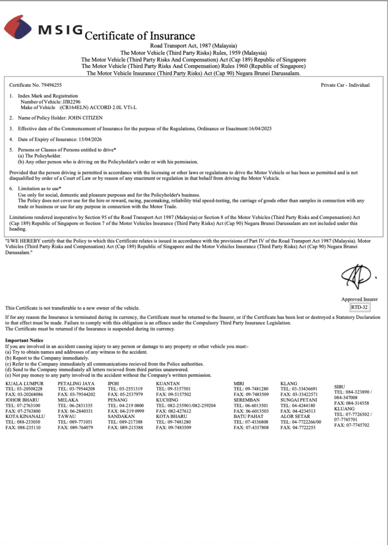 Malaysia MSIG Insurance certificate of insurance Word and PDF template