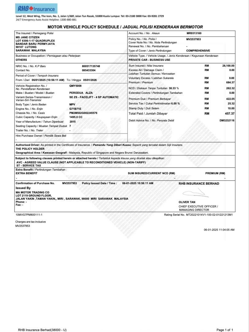 Malaysia RHB Insurance Berhad motor vehicle policy schedule Word and PDF template