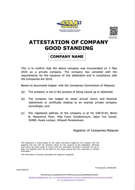 Malaysia attestation of company good standing Word and PDF template