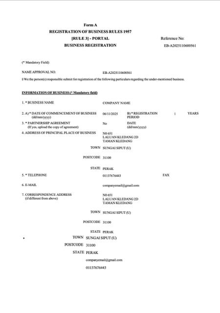 Malaysia business registration certificate Word and PDF template, version 2
