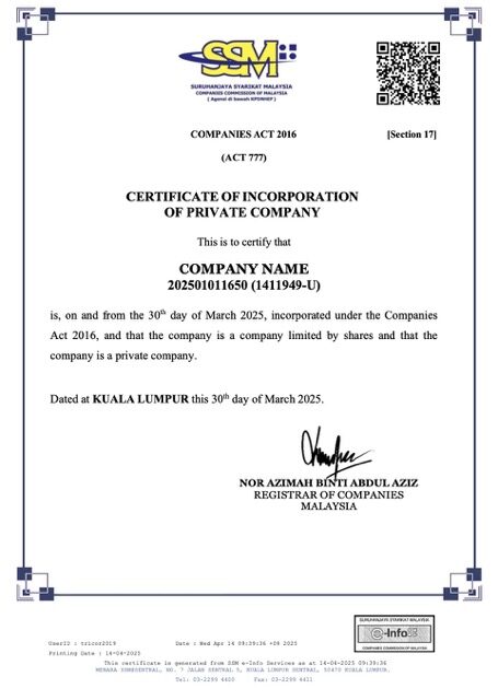 Malaysia certificate of incorporation of private company Word and PDF template