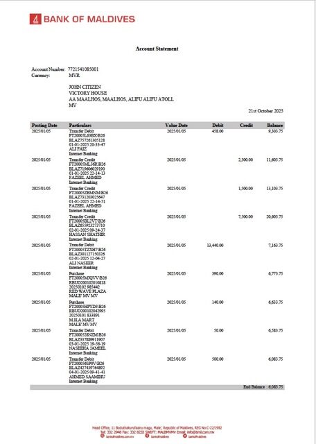 Maldives Bank of Maldives account statement Word and PDF template