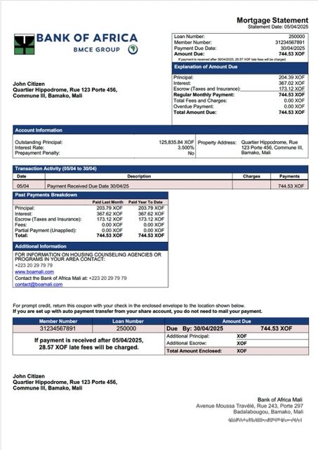 Mali Bank of Africa Mali mortgage statement Word and PDF template