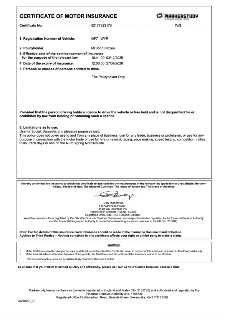 Markerstudy Group Limited certificate of motor insurance Word and PDF template