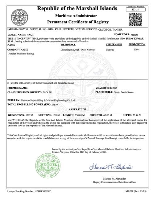 Marshall Islands permanent certificate of registry Word and PDF template