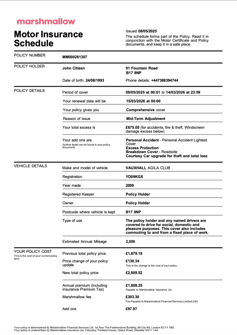 Marshmallow Insurance motor insurance schedule Word and PDF template
