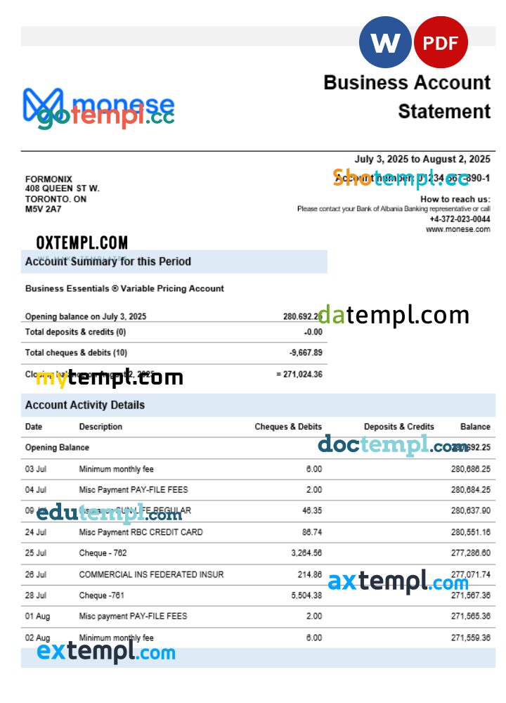 Monese bank business bank statement Word and PDF format