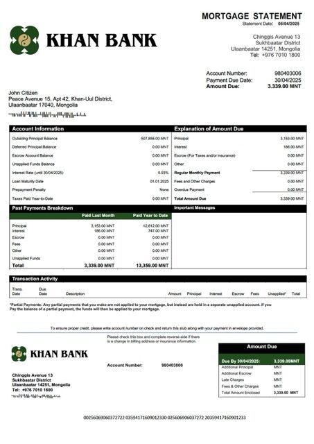 Mongolia Khan Bank mortgage statement Word and PDF template
