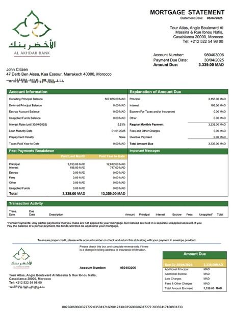 Morocco Al Akhdar Bank (AAB) mortgage statement Word and PDF template