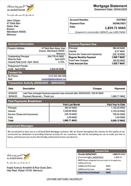 Morocco Al Barid Bank mortgage statement Word and PDF template