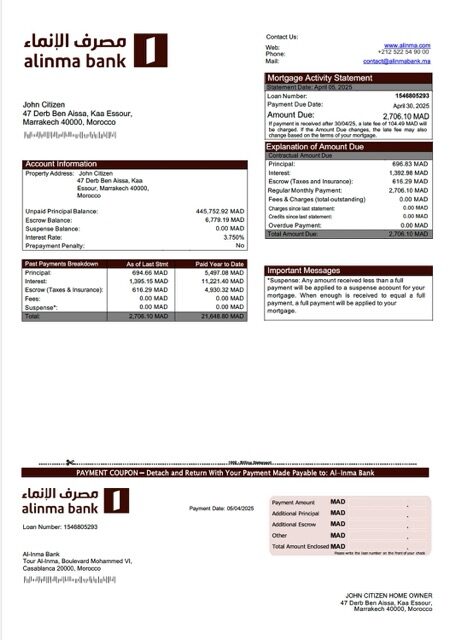 Morocco Al-Inma Bank mortgage statement Word and PDF template
