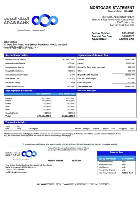Morocco Arab Bank mortgage statement Word and PDF template