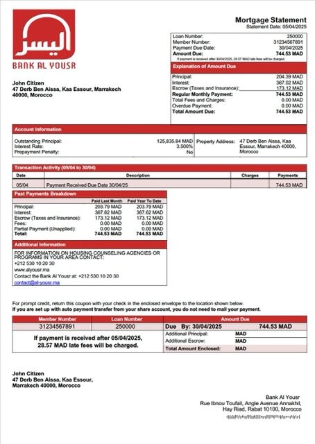 Morocco Bank Al Yousr mortgage statement Word and PDF template