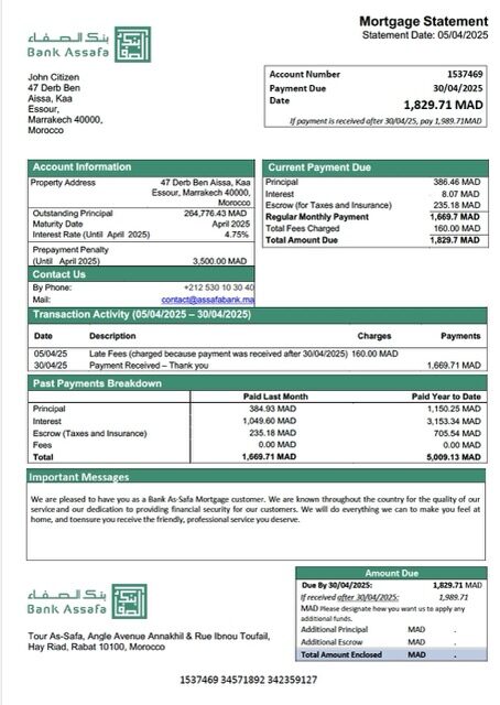 Morocco Bank As-Safa mortgage statement Word and PDF template