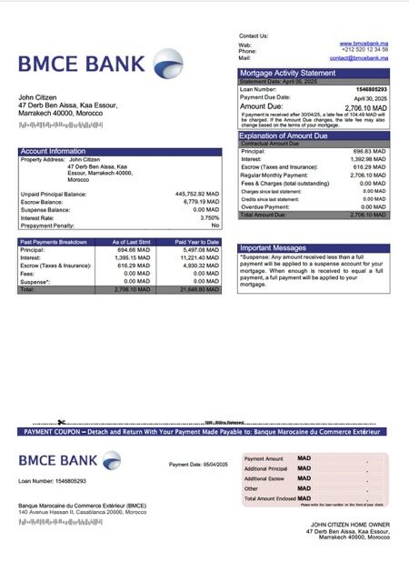 Morocco Banque Marocaine du Commerce Extérieur (BMCE) mortgage statement Word and PDF template