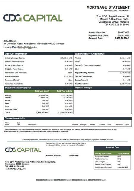 Morocco CDG Capital mortgage statement Word and PDF template