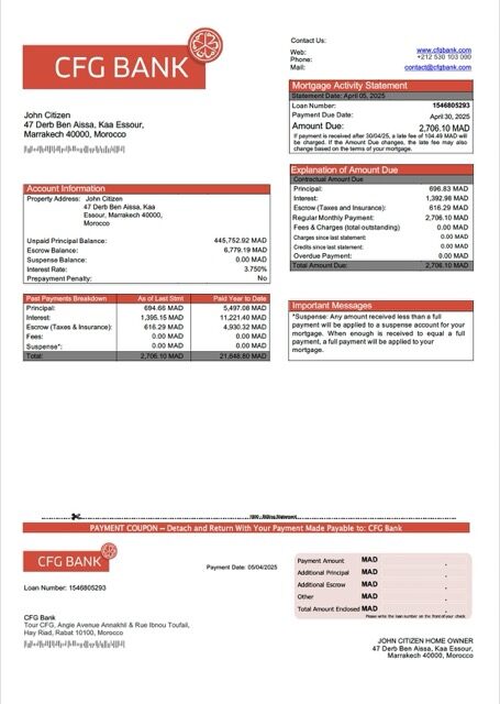 Morocco CFG Bank mortgage statement Word and PDF template