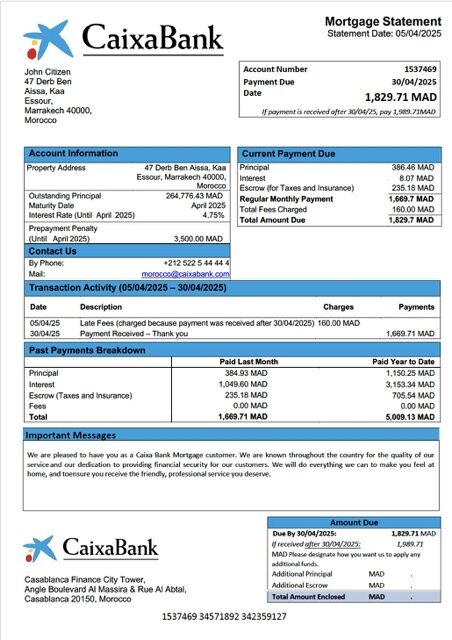 Morocco Caixa Bank mortgage statement Word and PDF template