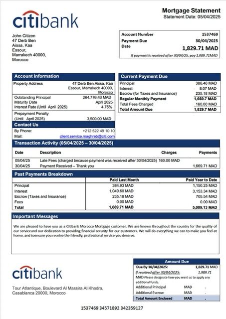 Morocco Citibank Morocco mortgage statement Word and PDF template