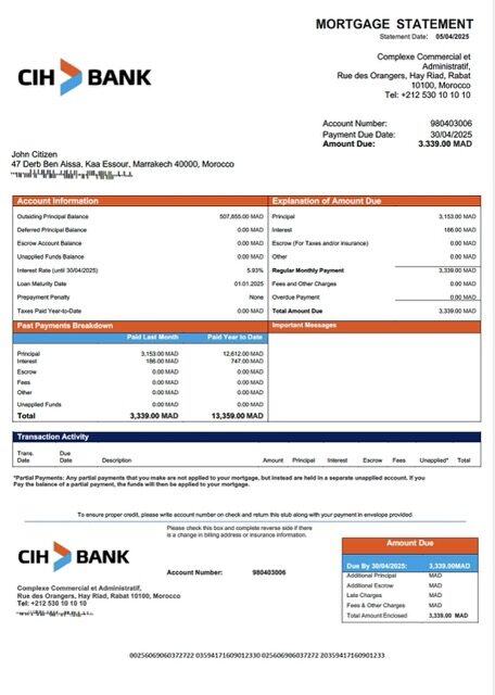 Morocco Crédit Immobilier et Hôtelier mortgage statement Word and PDF template