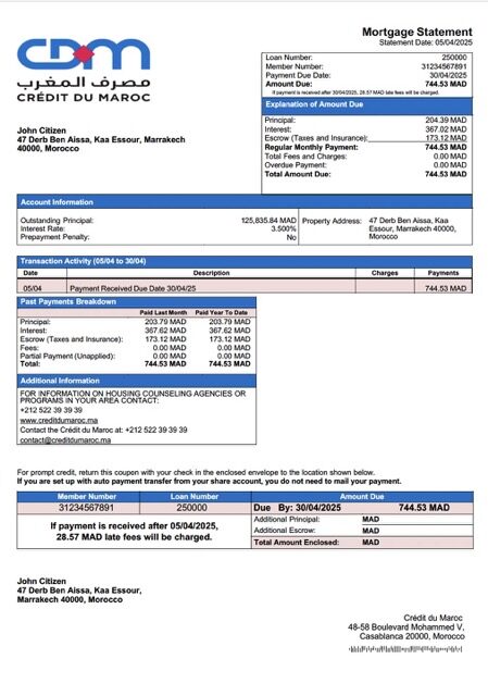 Morocco Crédit du Maroc mortgage statement Word and PDF template