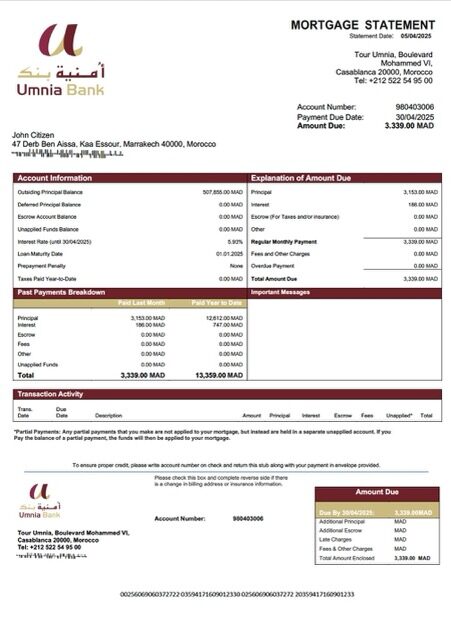 Morocco Umnia Bank mortgage statement Word and PDF template