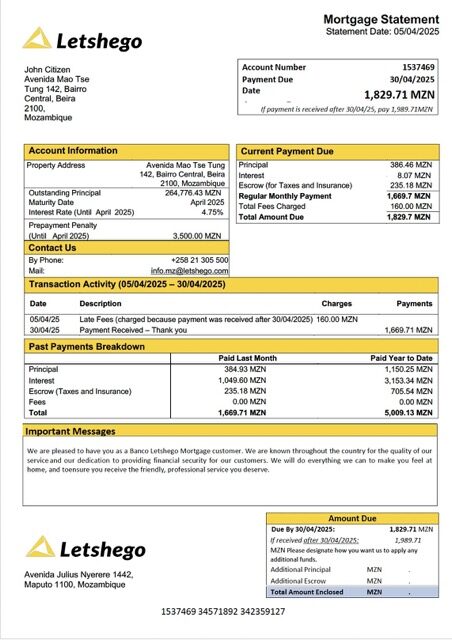 Mozambique Banco Letshego mortgage statement Word and PDF template