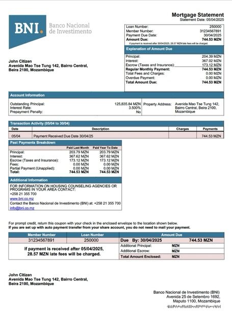 Mozambique Banco Nacional de Investimento (BNI) mortgage statement Word and PDF template