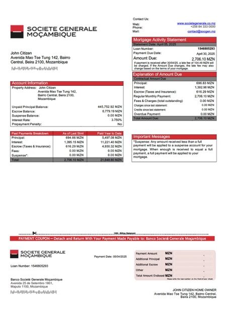 Mozambique Banco Societé Generale Moçambique mortgage statement Word and PDF template