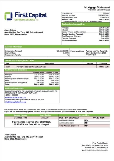 Mozambique First Capital Bank mortgage statement Word and PDF template