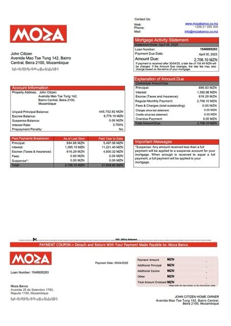 Mozambique Moza Banco mortgage statement Word and PDF template