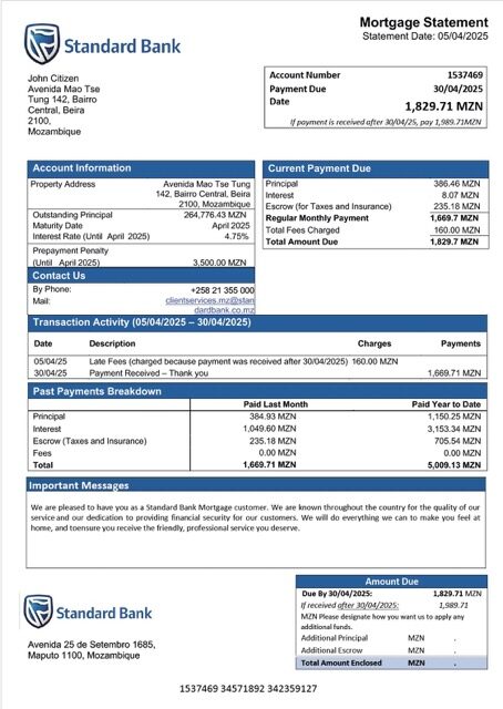 Mozambique Standard Bank mortgage statement Word and PDF template