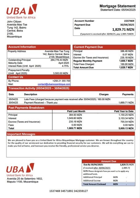 Mozambique United Bank for Africa Moçambique mortgage statement Word and PDF template