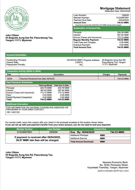 Myanma Economic Bank mortgage statement Word and PDF template