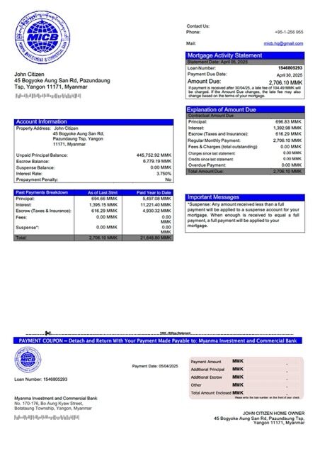 Myanma Investment and Commercial Bank mortgage statement Word and PDF template