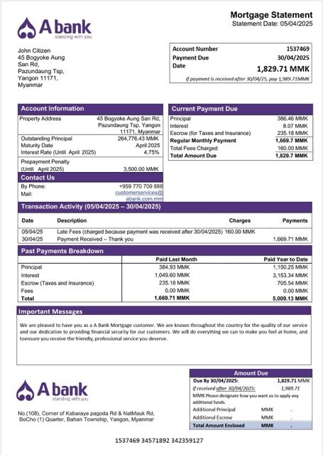 Myanmar A Bank mortgage statement Word and PDF template