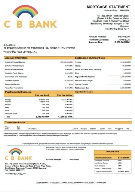 Myanmar CB Bank mortgage statement Word and PDF template