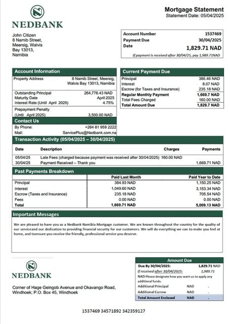Namibia Nedbank Namibia Limited mortgage statement Word and PDF template