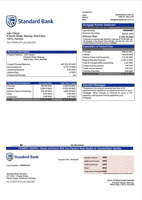 Namibia Standard Bank Namibia mortgage statement Word and PDF template
