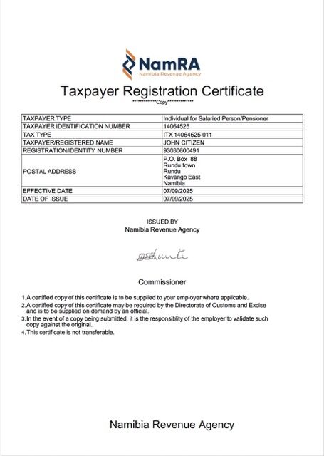 Namibia taxpayer registration certificate Word and PDF template
