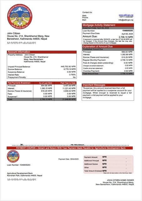 Nepal Agriculture Development Bank mortgage statement Word and PDF template