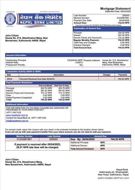 Nepal Bank mortgage statement Word and PDF template