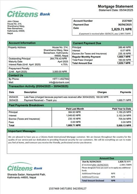 Nepal Citizens Bank International mortgage statement Word and PDF template