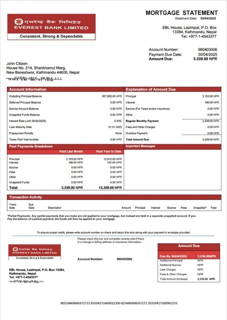 Nepal Everest Bank mortgage statement Word and PDF template