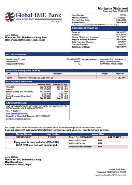 Nepal Global IME Bank mortgage statement Word and PDF template
